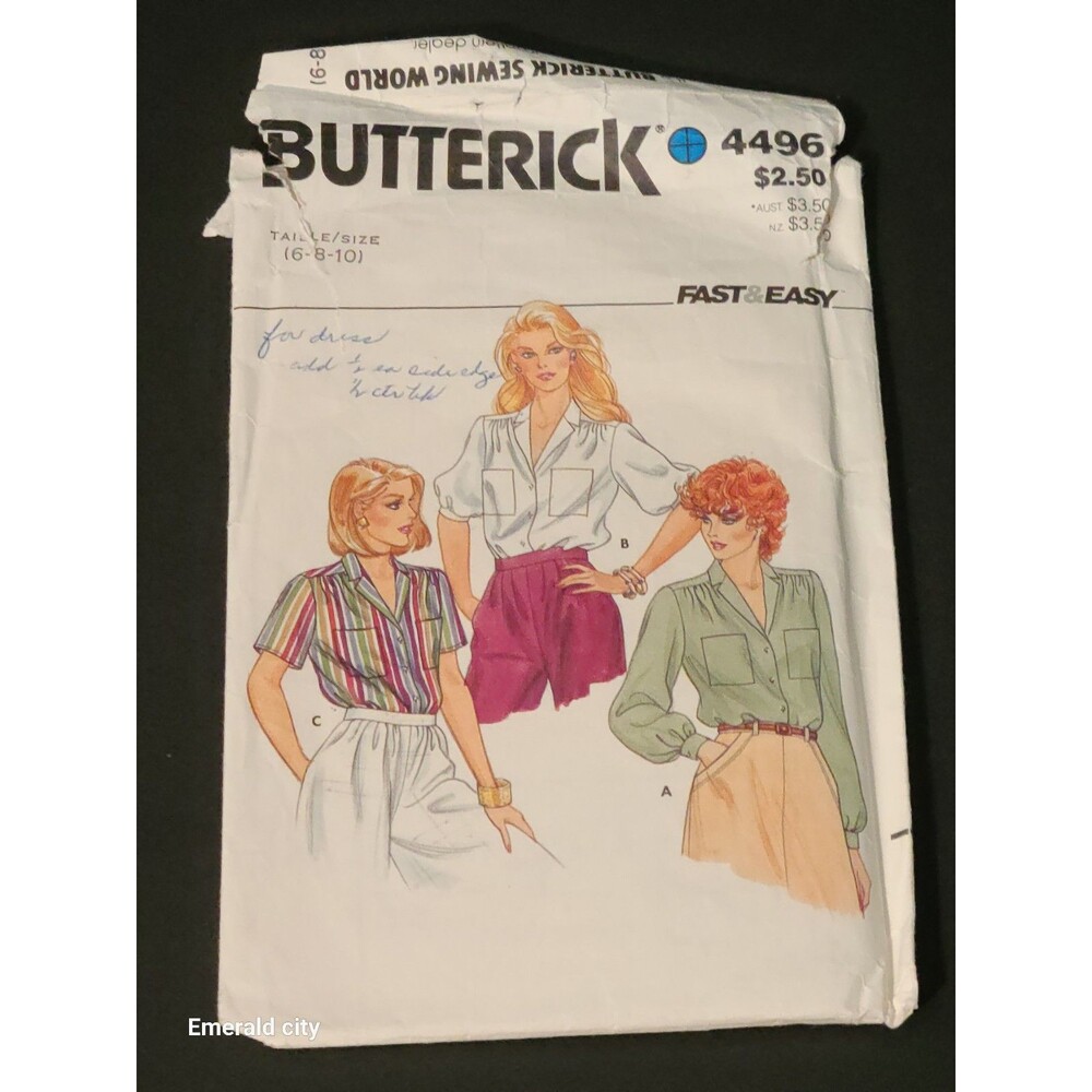 Vtg Fast And Easy Butterick #4496 Size 6-8-10 Blouse Uncut 1985 Sewing Pattern